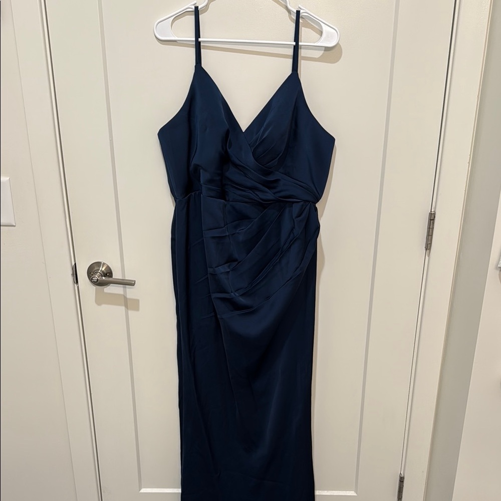 Azazie Maci Stretch Satin Dress in Dark Navy